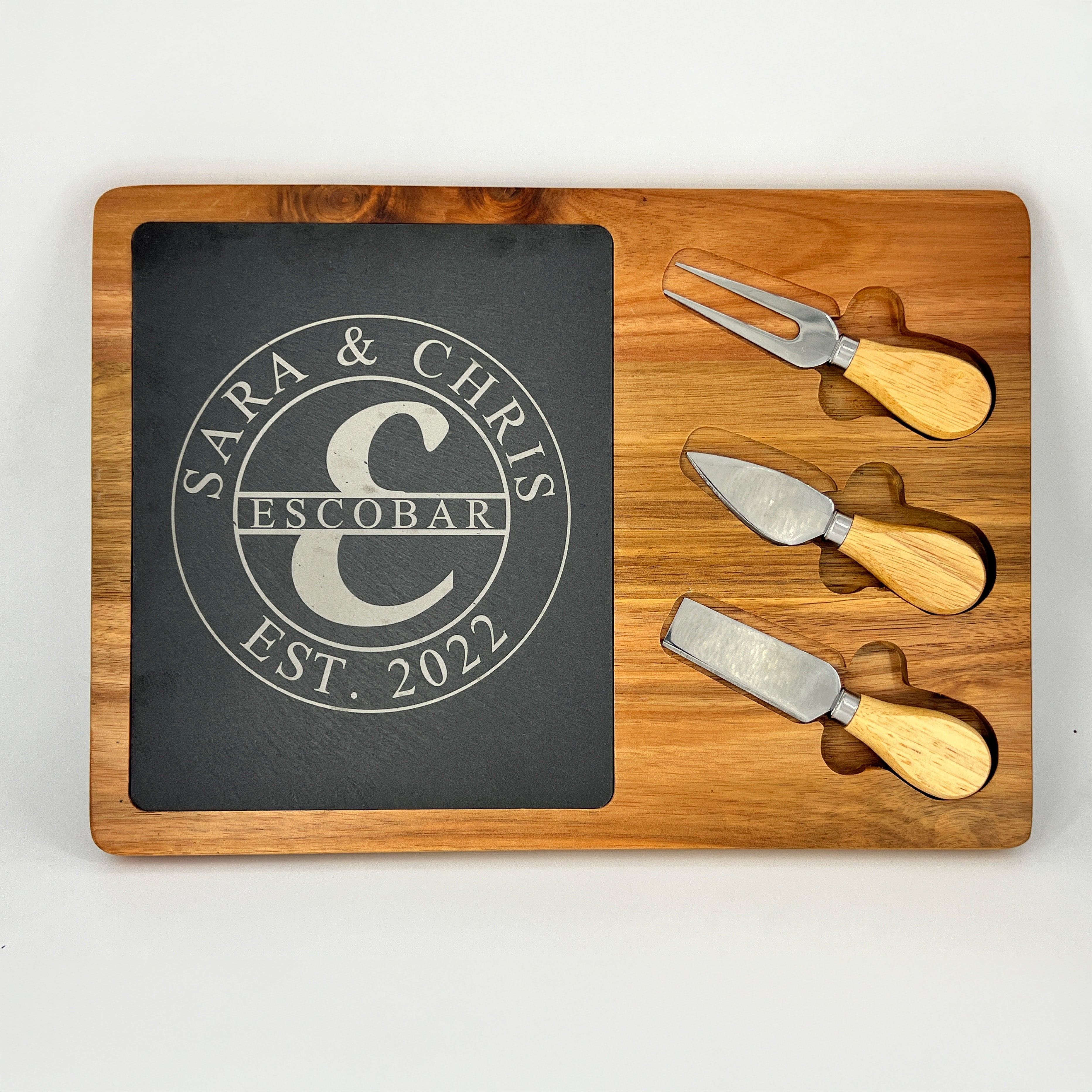charcuterie board with SARA & CHRIS ESCOBAR EST. 2022 ENGRAVED