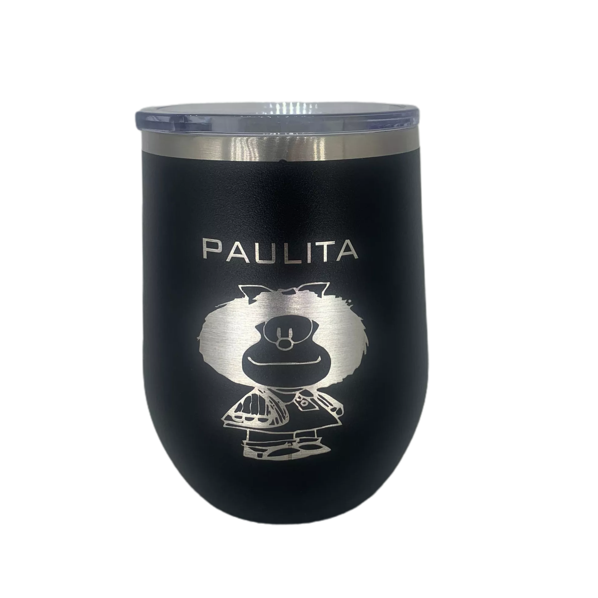Black Custom Engraved 12oz Stainless Steel Stemless Wine Tumbler with the word "paulita" and the image of Mafalda - GalacticLasers