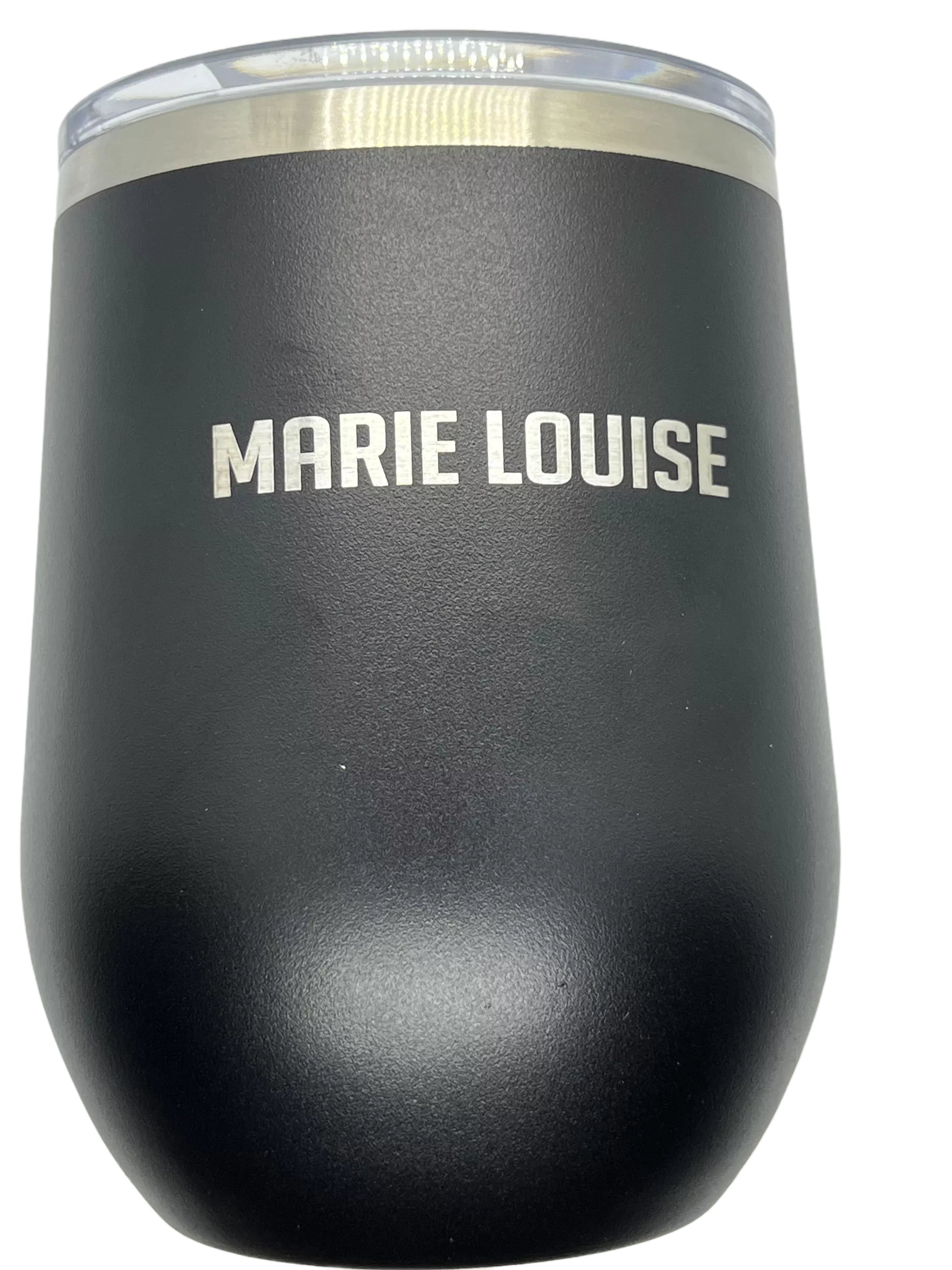 Black Custom Engraved 12oz Stainless Steel Stemless Wine Tumbler with words "Marie Louise" - GalacticLasers