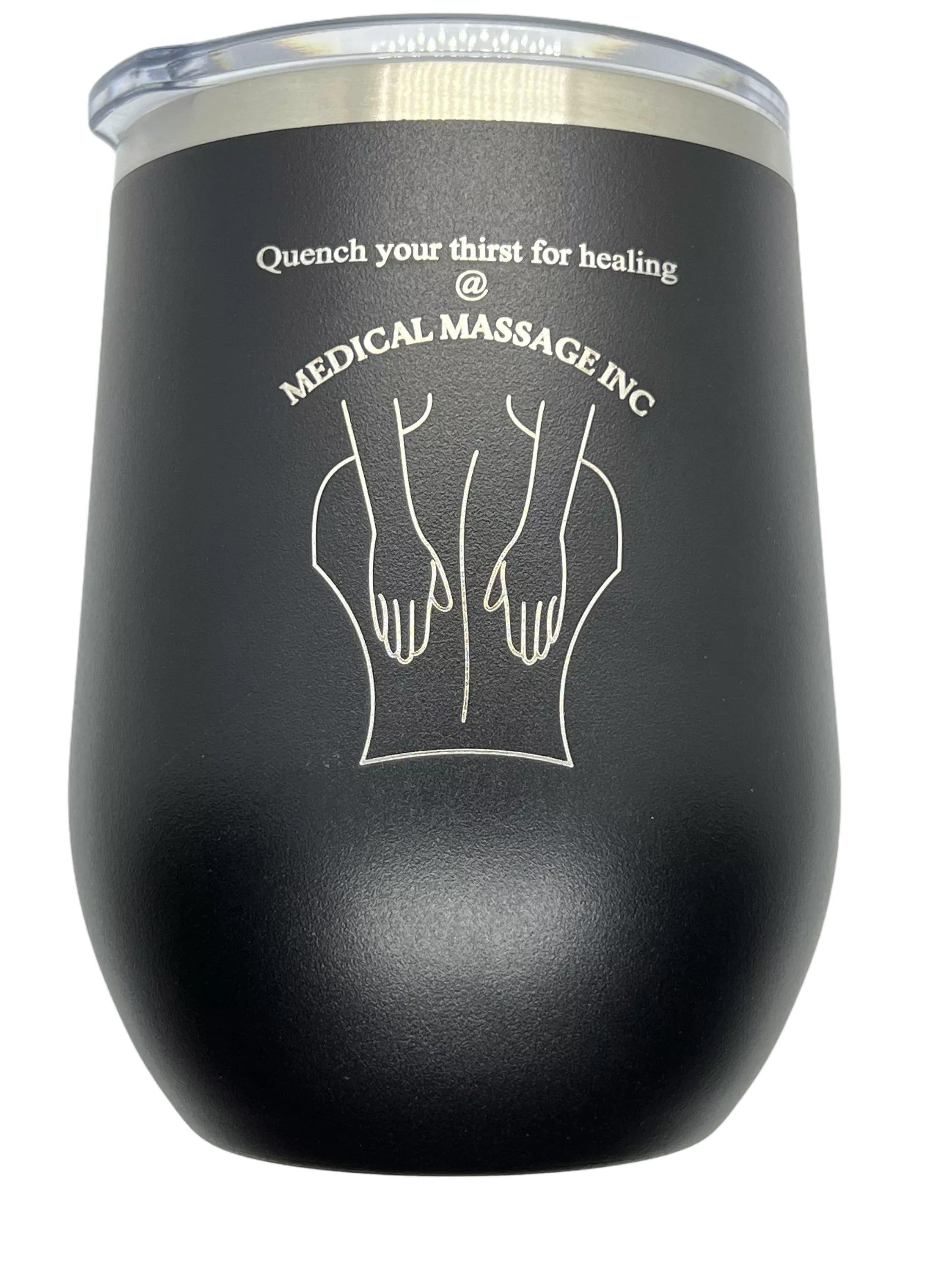 Black Custom Engraved 12oz Stainless Steel Stemless Wine Tumbler with words "Quench your thirst for healing @ Medical Massage Inc" and a logo of a persons back and two hands - GalacticLasers