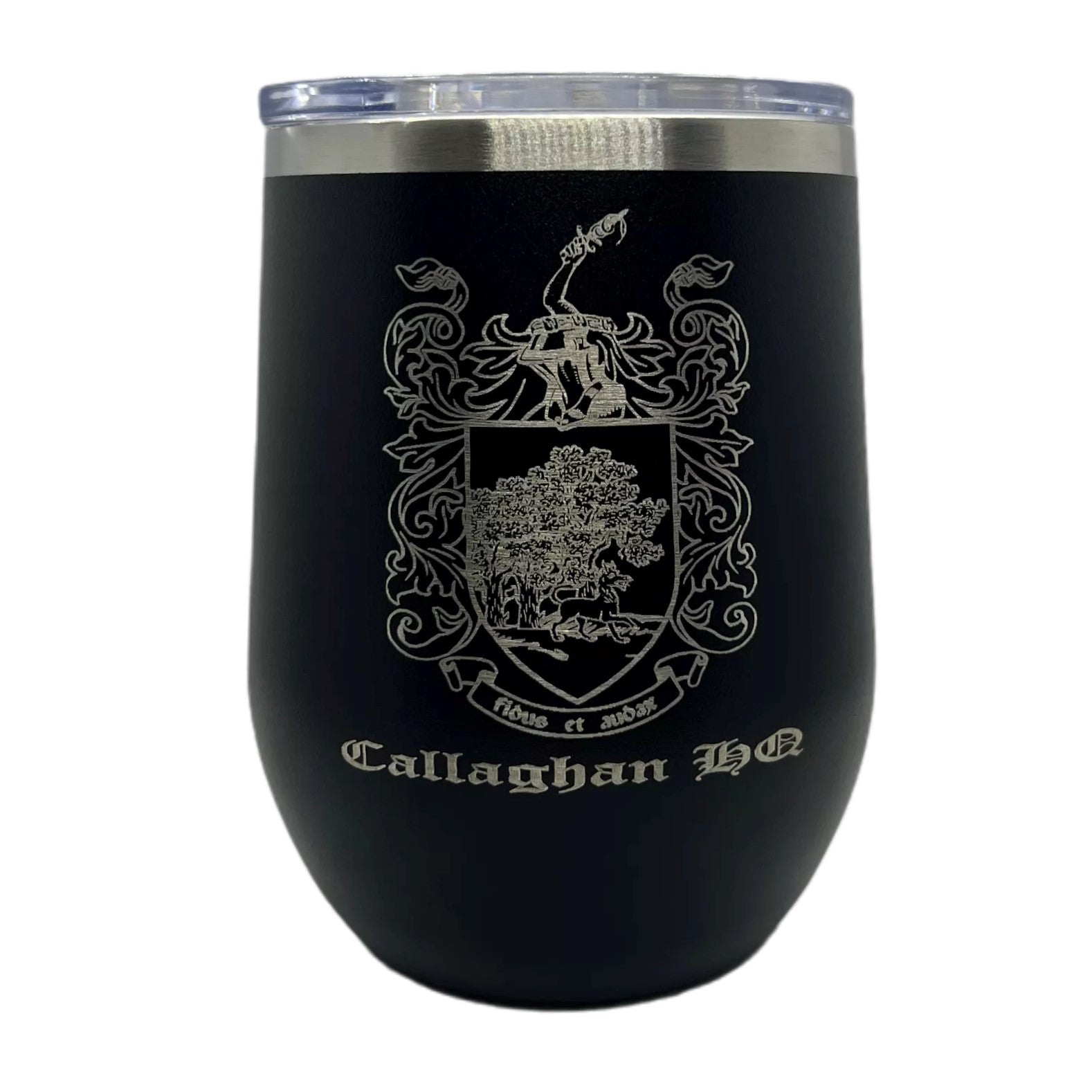 Black Custom Engraved 12oz Stainless Steel Stemless Wine Tumbler engraved with family crest and "callaghan hq" - GalacticLasers