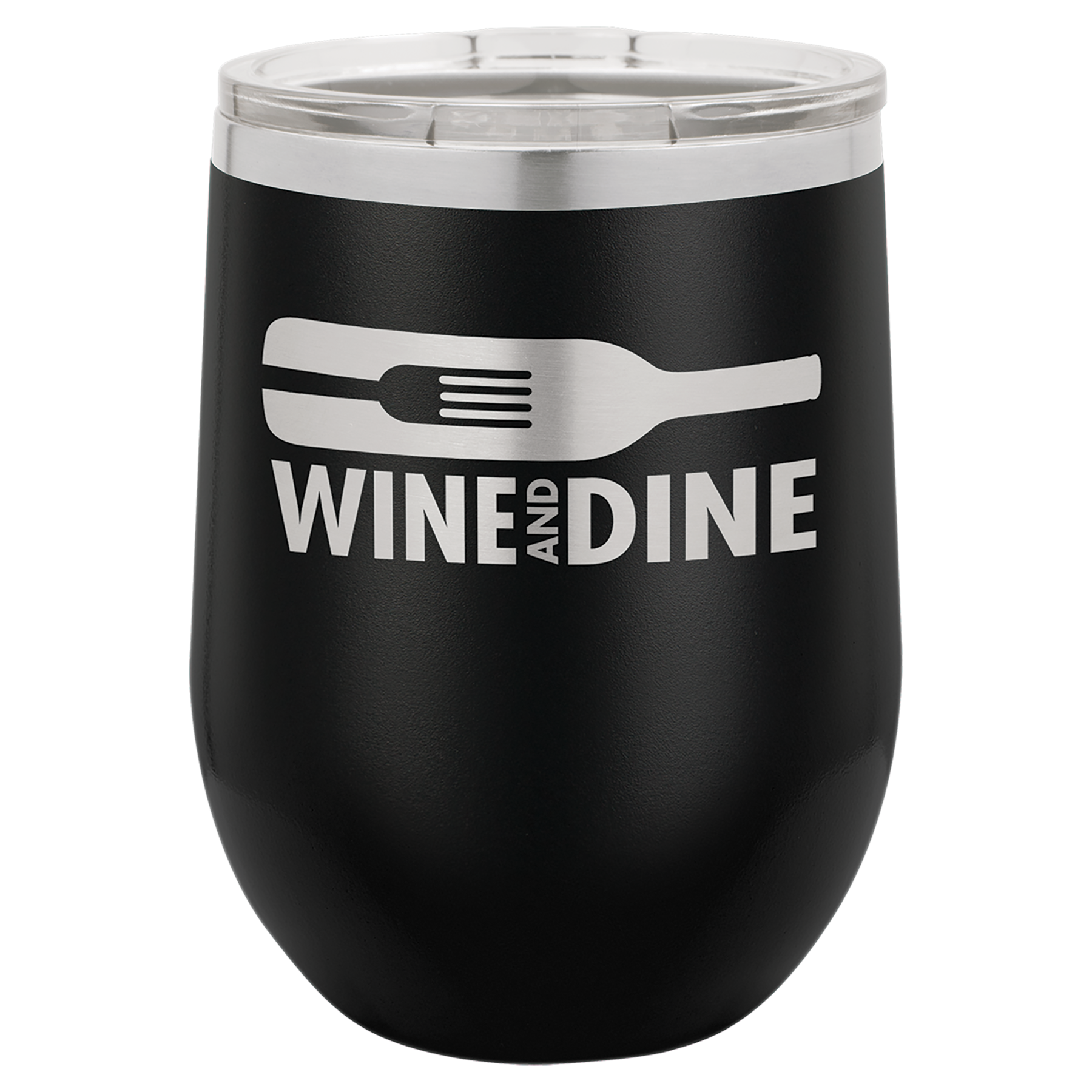 Custom Engraved 12oz Stainless Steel Stemless Wine Tumbler with a wine bottle with a fork inside it with words "Wine and dine" engraved below - Galactic Lasers