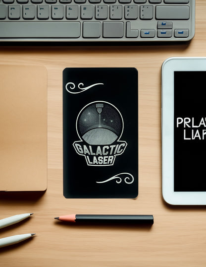 GalacticLasers logo with squiggle border Elevate Your Brand: Luxurious Metal Business Cards 1.25mm thick black anodized aluminum - GalacticLasers