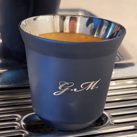 Navy Blue Engraved Single Stainless Steel Demitasse Espresso Cup 80ml initials "G.M." on breville barista express with espresso shot inside- GalacticLasers