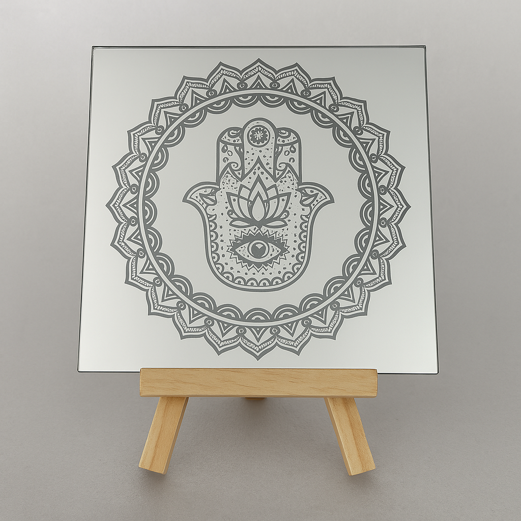Engraved glass mirror with a detailed hamsa and mandala design