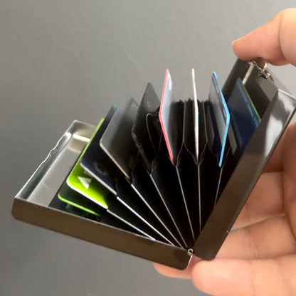 Compact and secure 10-slot metal wallet for cards and ID storage