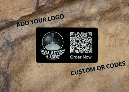 logo and qr code on a black metal business card. Elevate Your Brand: Luxurious Metal Business Cards 1.25mm thick black anodized aluminum - GalacticLasers