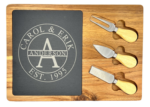 Personalized charcuterie board set with Anderson monogram design, slate top, acacia wood, and three cheese tools