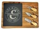 Charcuterie board with Sara and Chris Escobar monogram design engraved into the slate