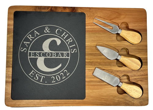 Charcuterie board with Sara and Chris Escobar monogram design engraved into the slate