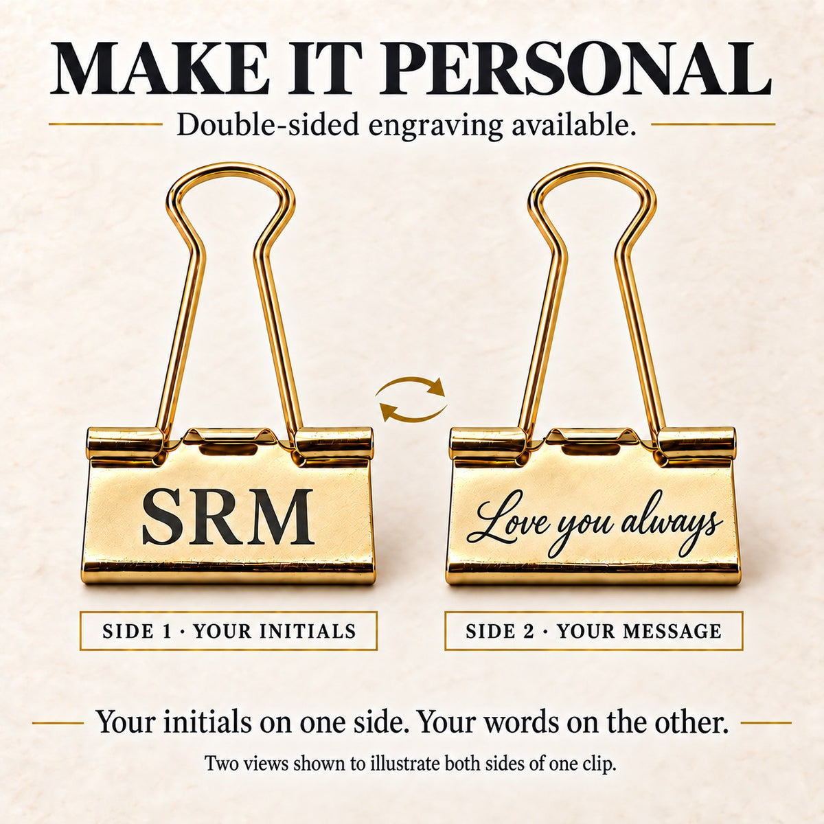 Money clip with double-sided engraving: initials SRM on one side and the message Love you always on the other side