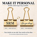 Money clip with double-sided engraving: initials SRM on one side and the message Love you always on the other side