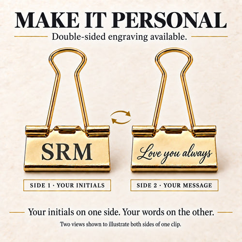 Money clip with double-sided engraving: initials SRM on one side and the message Love you always on the other side