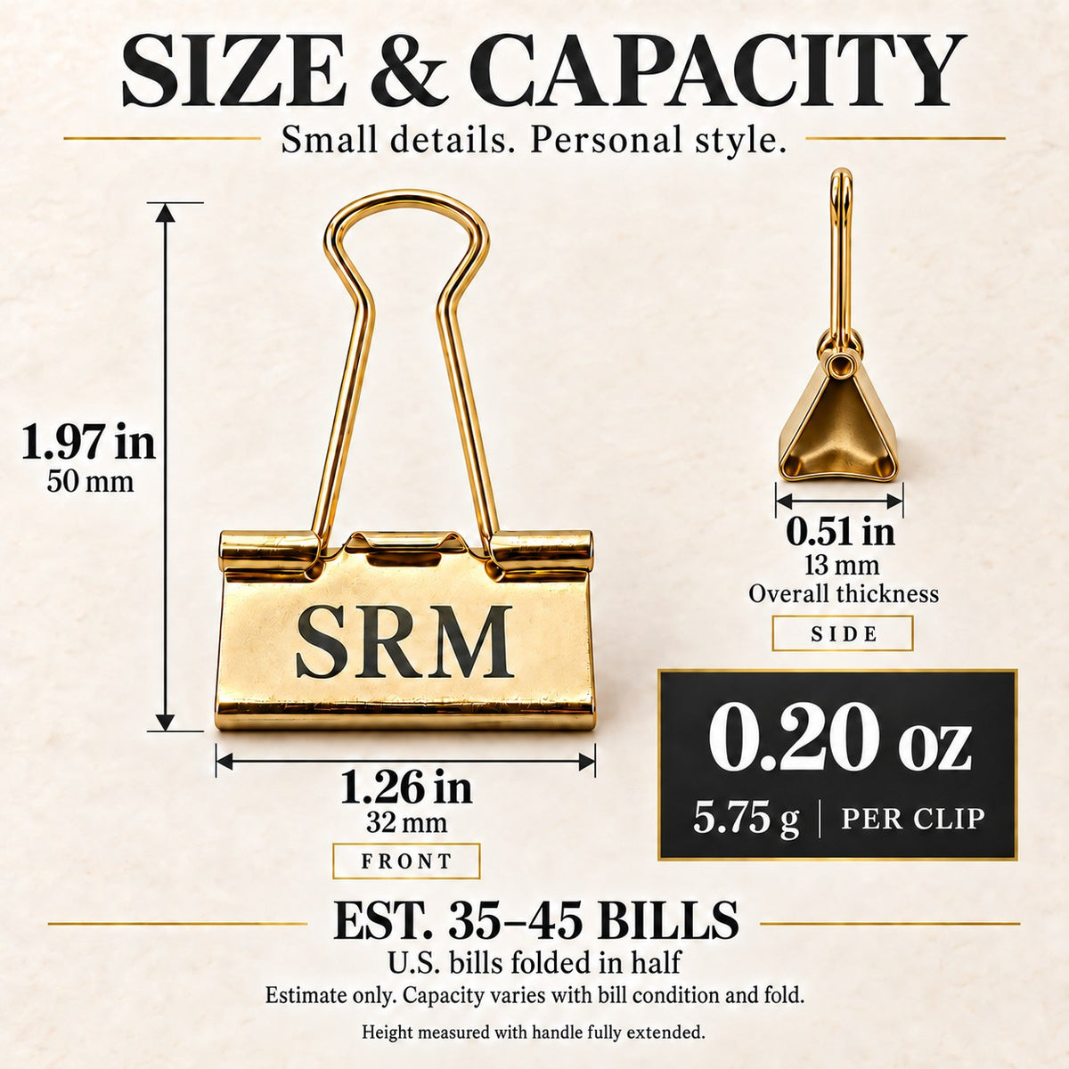 Money clip size chart: 1.97 inches (50 mm) tall, 1.26 inches (32 mm) wide, 0.51 inches (13 mm) thick, holds about 35 to 45 folded bills