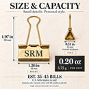 Money clip size chart: 1.97 inches (50 mm) tall, 1.26 inches (32 mm) wide, 0.51 inches (13 mm) thick, holds about 35 to 45 folded bills