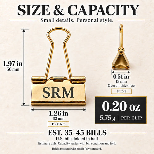 Money clip size chart: 1.97 inches (50 mm) tall, 1.26 inches (32 mm) wide, 0.51 inches (13 mm) thick, holds about 35 to 45 folded bills