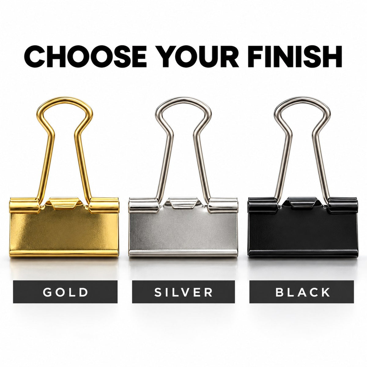 Three money clips side by side in gold, silver, and black finish, labeled gold, silver, and black