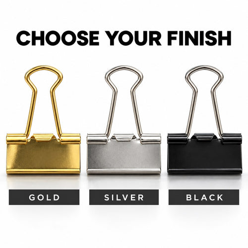 Three money clips side by side in gold, silver, and black finish, labeled gold, silver, and black