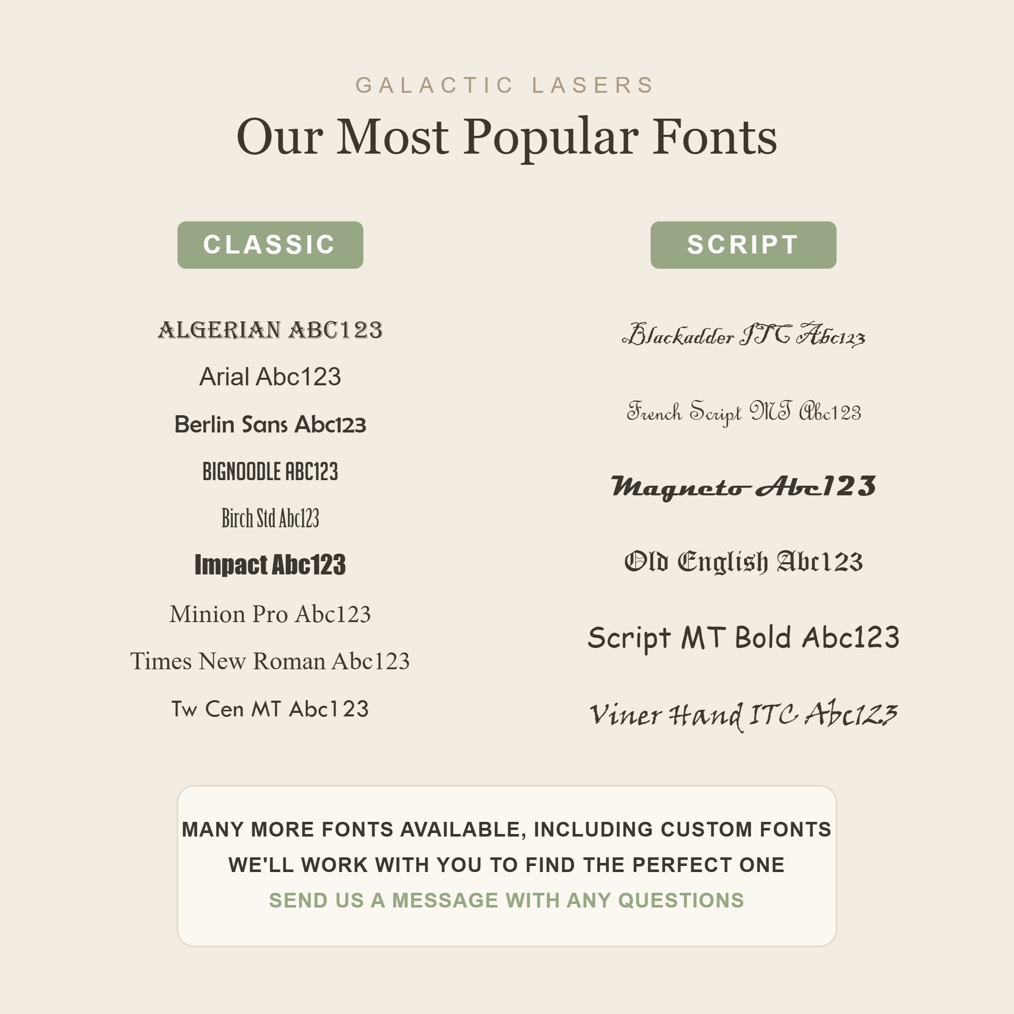 Our most popular engraving fonts, classic and script
