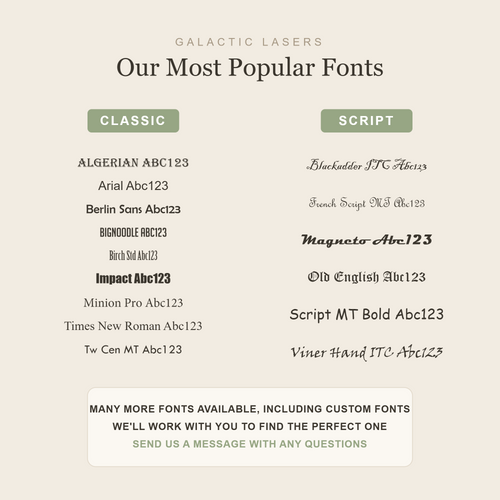 Our most popular engraving fonts, classic and script