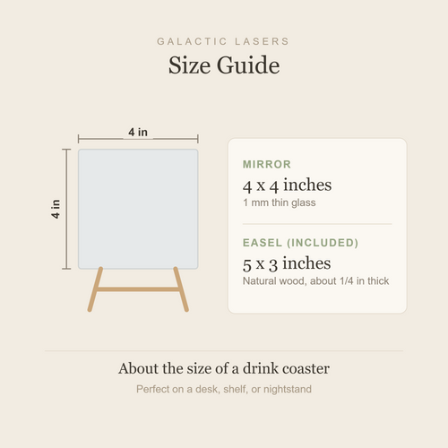 Size guide, 4 by 4 inch mirror with a 5 by 2.8 inch wood easel included