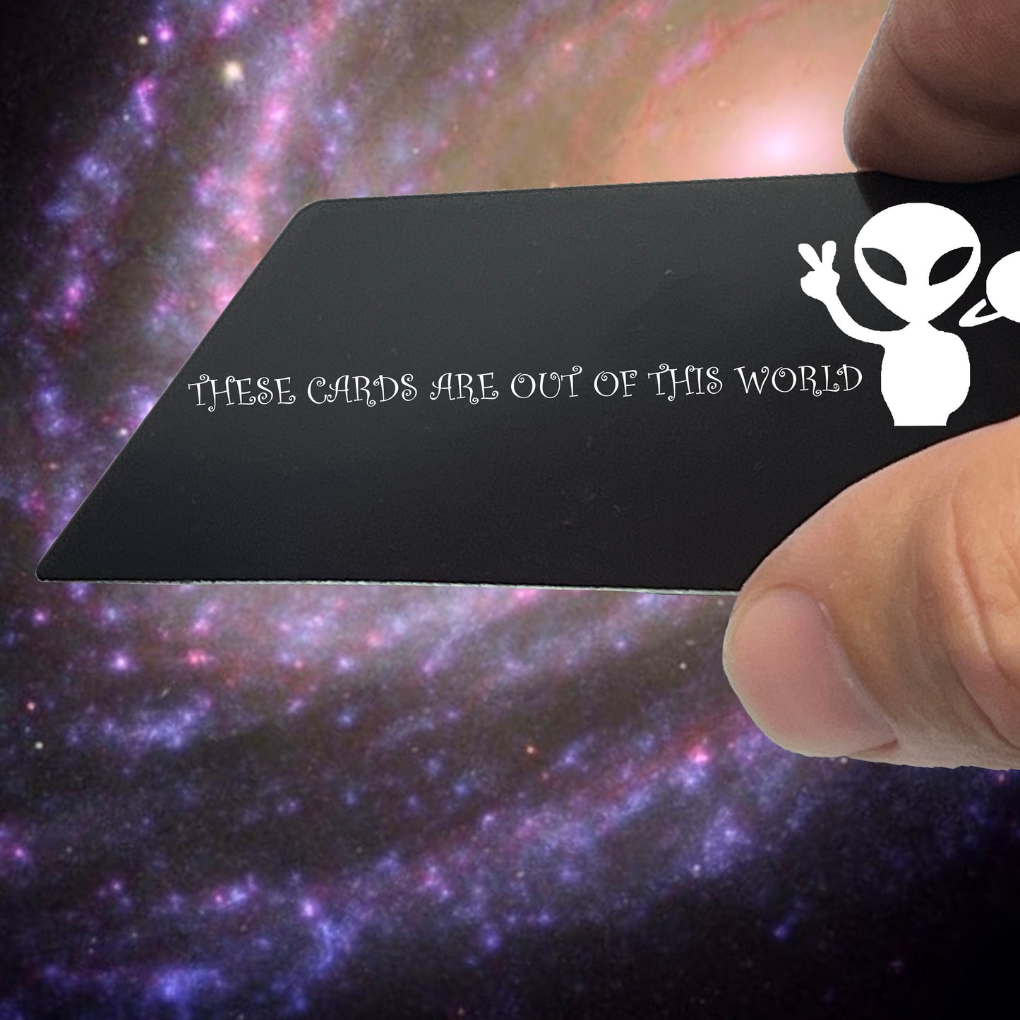 custom metal business card .4mm thick with GalacticLasers information "these cards are out of this world"