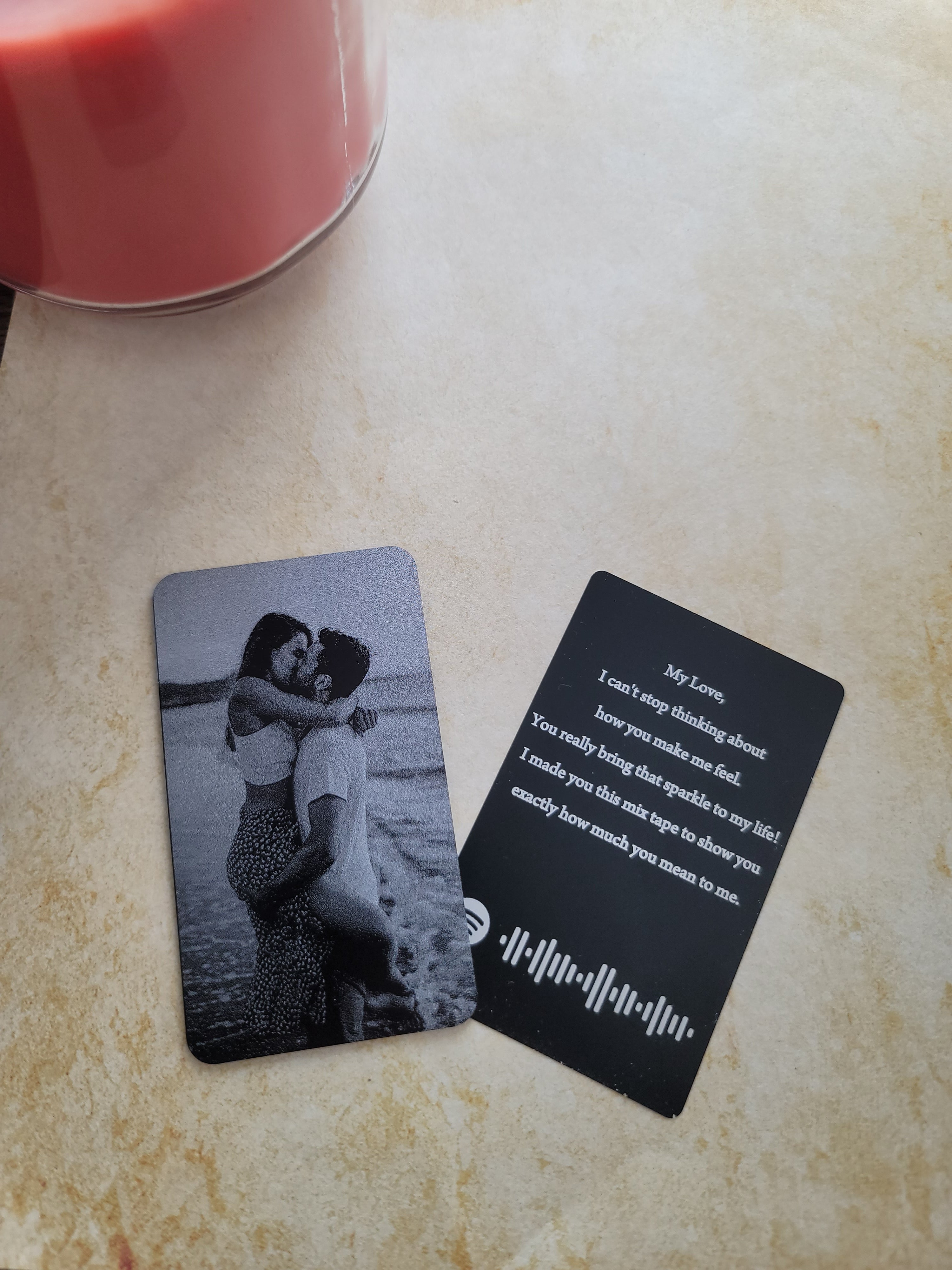 Memories in Aluminum: Personalized Photo Wallet Card Couple kissing infront of a lake with a text love letter and streaming scan code- GalacticLasers