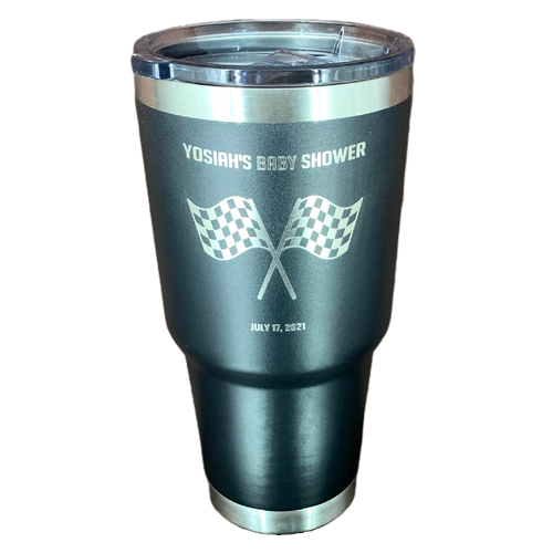 Black 30oz Stainless Steel Tumbler that says " Yosiah's baby shower" with racing flags in the middle and July 17, 2021 on the bottom