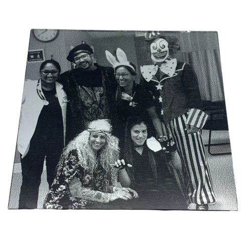Engraved Glass Mirror with photo of a costume party including bunny, clown, doctor, hippie, cat lady - GalacticLasers