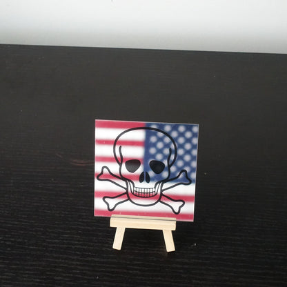 Engraved Glass Mirror on wooden easel skull and cross bones with american flag reflection - GalacticLasers