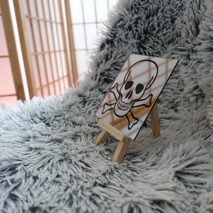 Engraved Glass Mirror of skull and cross bone on a wooden easel on a plush carpet with a japanese divider screen in background - GalacticLasers