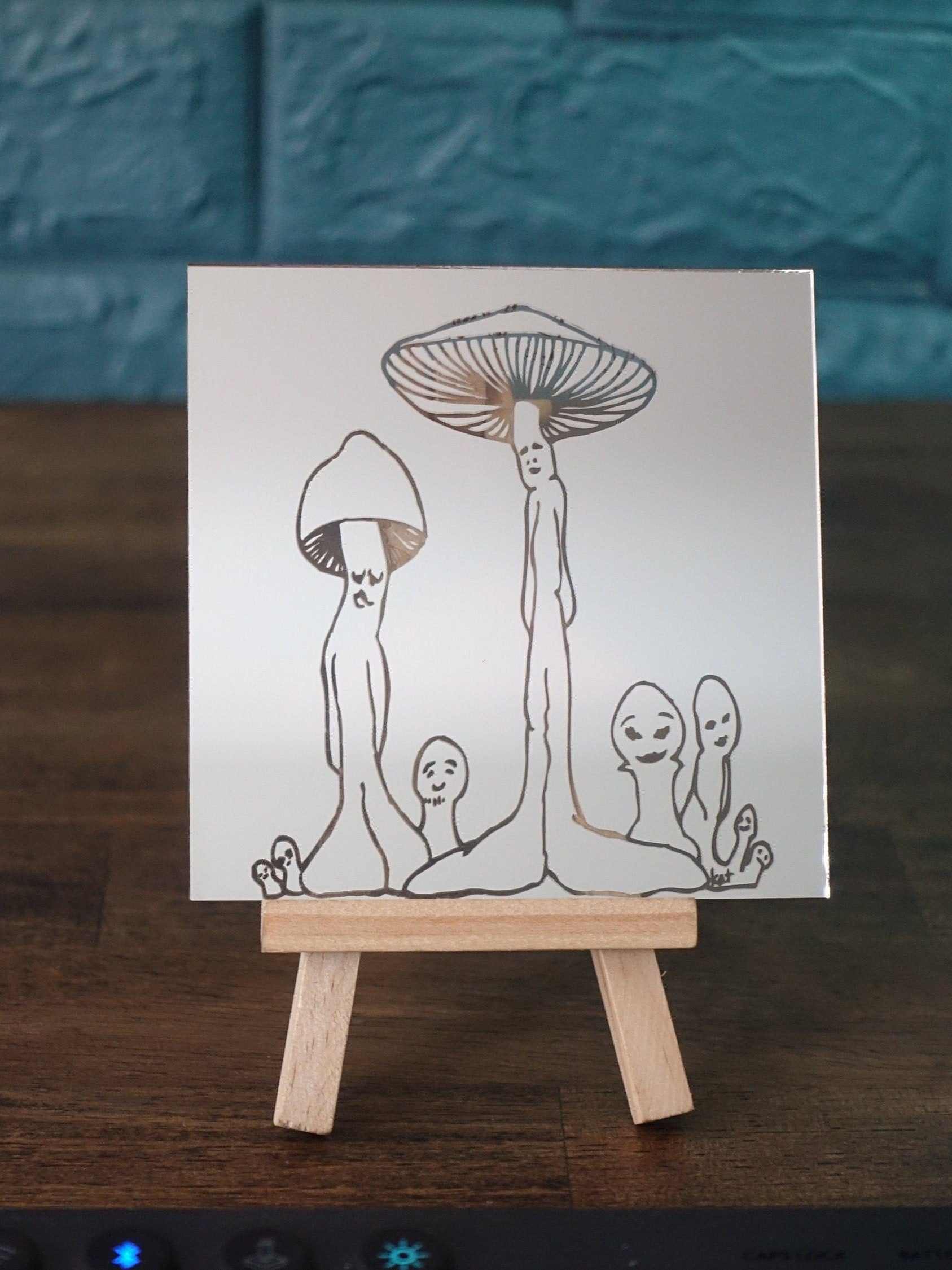 Engraved Glass Mirror with mushroom family - GalacticLasers