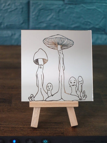 Engraved Glass Mirror with mushroom family - GalacticLasers