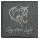 Engraved Slate Coaster with horse emblem and Gray Horse Lodge - GalacticLasers