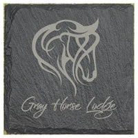 Engraved Slate Coaster with horse emblem and Gray Horse Lodge - GalacticLasers