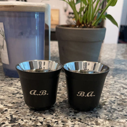 80ml Espresso Mug (Set of 2) black with script mt bold font with the initials "A.B." and "B.A."