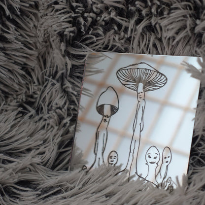 Engraved Glass Mirror mushroom people on high pile rug - GalacticLasers